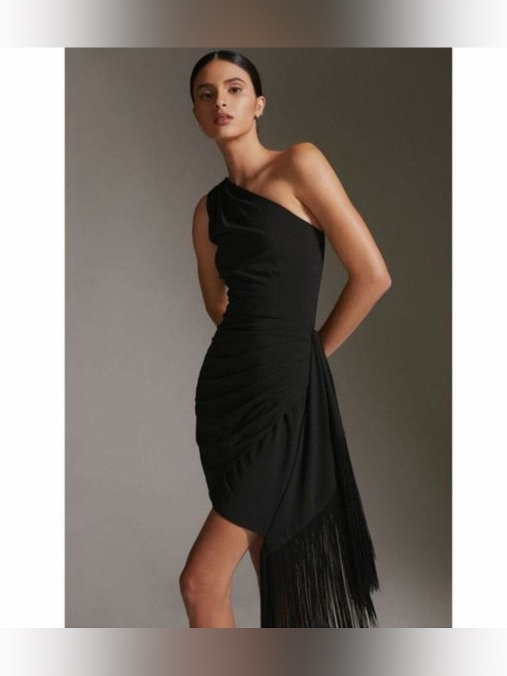 Hutch Anthropologie Black One Shoulder Fringe Sheath Mini Dress One Sleeve Small